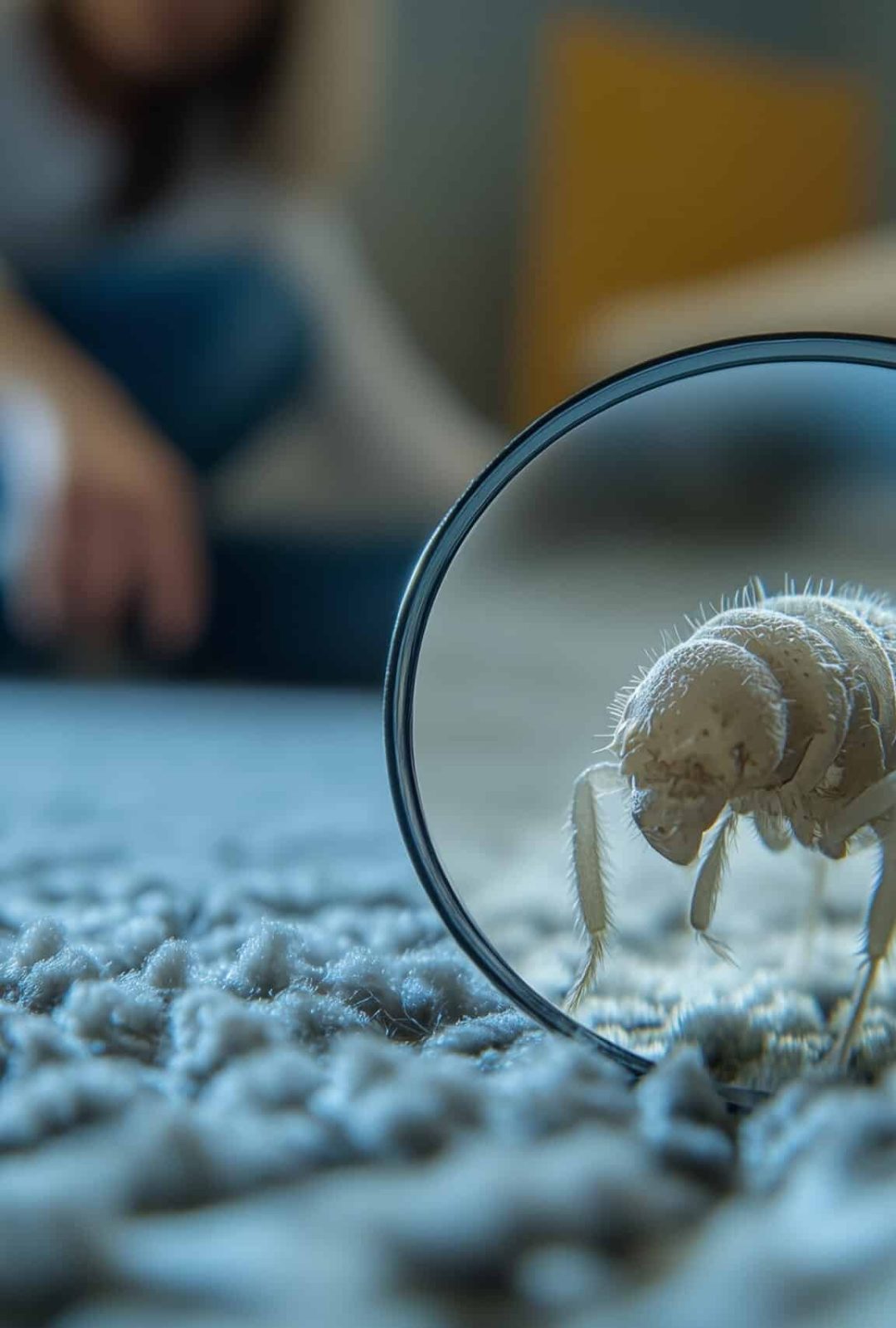 Close-up of a dust mite visible through a magnifying glass on a carpet in a cozy living room at home. A type of domestic blood-sucking insect.