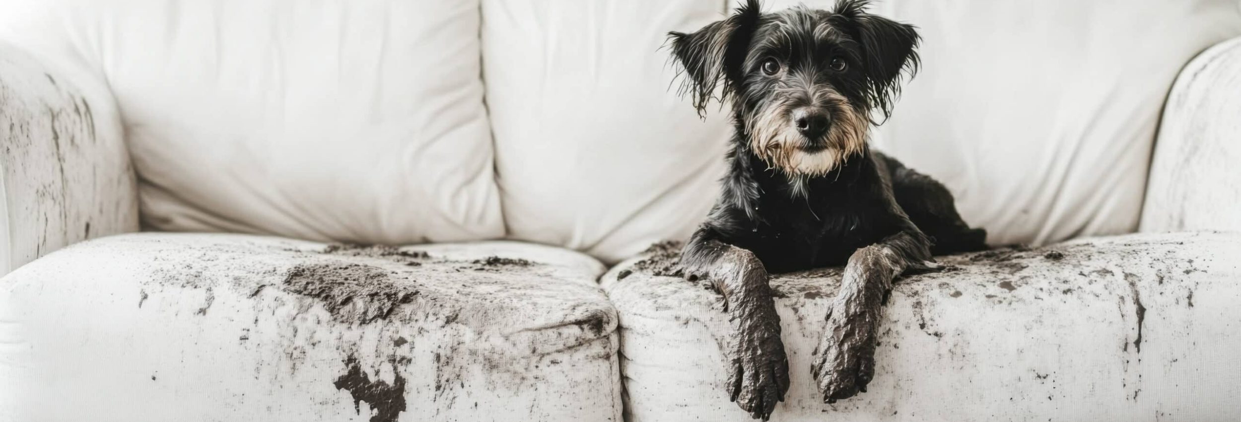 A quirky black dog is lounging comfortably on a messy white couch, embodying the essence of pet mischief delightful